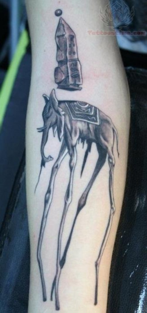 Grey Ink Dali Elephant Tattoo On Arm